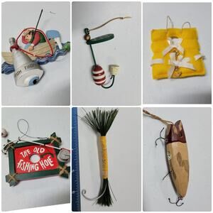 Lot of 6 Vintage Fishing Christmas Ornaments - Rustic Cabin Holiday Decor